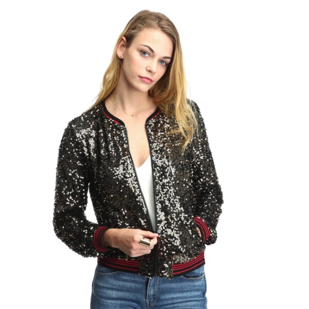 NEW Sanctuary Long Sleeve Zip Sequin Bomber Jacket